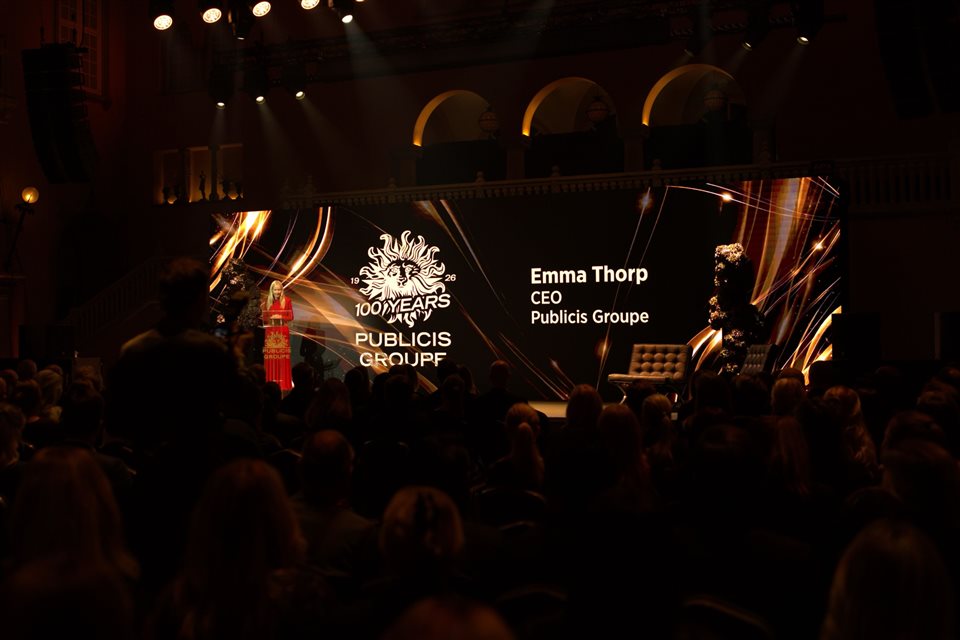 Publicis 100-year celebration — presentation stage and anniversary LED content